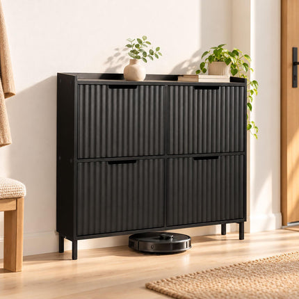 Tilt-Out Shoe Cabinet with 4 Compartments, Ribbed Front, Black, Up to 8 Pairs