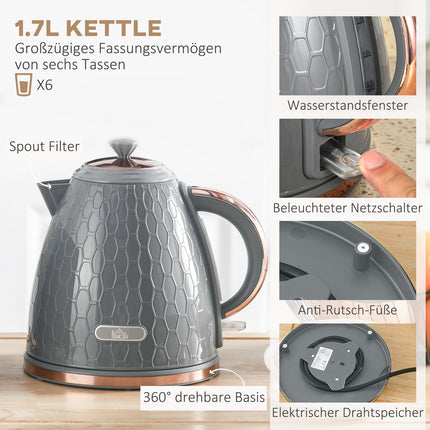 Tostera un tējkannas komplekts, 1,7 l, 4 šķēles, pelēka plastmasa