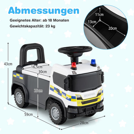 Policijas automašīna mazulim ar stūres mehānismu un bagāžas nodalījumu
