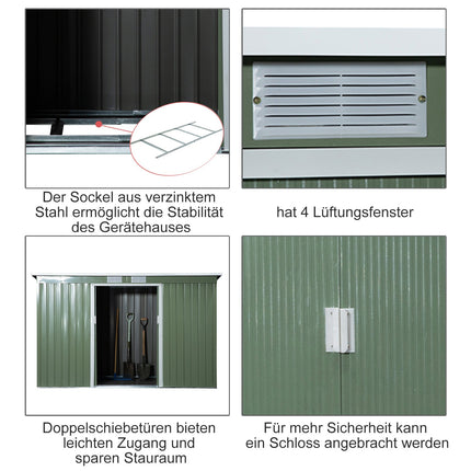 Instrumentu Šķūnis, Dārza Šķūnis, Instrumentu Šķūnis Ar Bīdāmām Durvīm, Ventilācijas Logs, Pievilkšanās Jumts, Āra, Tērauds, Gaiši Zaļš, 280 X 130 X 172 Cm
