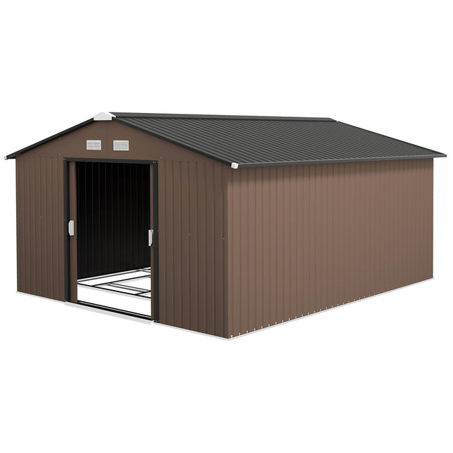 Instrumentu šķūnis 12,4 m², dārza šķūnis ar divstāvu jumtu, bīdāmām durvīm, pamatiem, 340 x 386 x 200 cm, instrumentu šķūnis no cinkota tērauda, izturīgs pret laikapstākļiem, dārzam, brūns