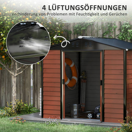Instrumentu šķūnis 4,4 m², dārza šķūnis ar divstāvu jumtu, bīdāmām durvīm, pamatiem, 240 x 206 x 198 cm, instrumentu šķūnis no cinkota tērauda, izturīgs pret laikapstākļiem, dārzam, tīkkoks
