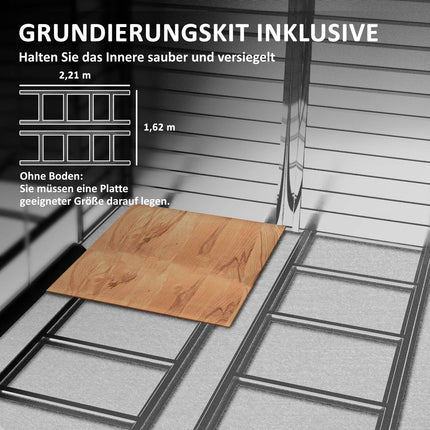 Instrumentu šķūnis 4,4 m², dārza šķūnis ar divstāvu jumtu, bīdāmām durvīm, pamatiem, 240 x 206 x 198 cm, instrumentu šķūnis no cinkota tērauda, izturīgs pret laikapstākļiem, dārzam, tīkkoks