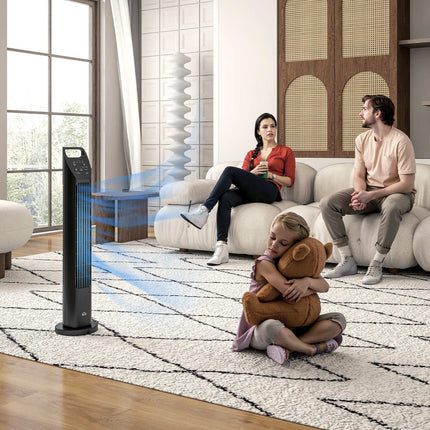 Torņa ventilators, pjedestāla ventilators ar 3 režīmiem, tālvadības pults, 50 W ventilators ar 4 stundu taimeri, 75° svārstības, guļamistabai, melns |