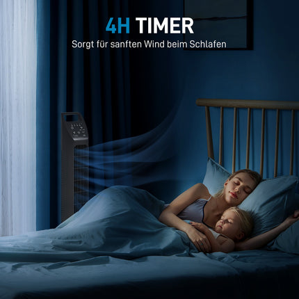 Torņa ventilators, pjedestāla ventilators ar 3 režīmiem, tālvadības pults, 50 W ventilators ar 4 stundu taimeri, 75° svārstības, guļamistabai, melns |