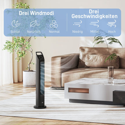 Torņa ventilators, pjedestāla ventilators ar 3 režīmiem, tālvadības pults, 50 W ventilators ar 4 stundu taimeri, 75° svārstības, guļamistabai, melns |