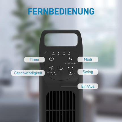 Torņa ventilators, pjedestāla ventilators ar 3 režīmiem, tālvadības pults, 50 W ventilators ar 4 stundu taimeri, 75° svārstības, guļamistabai, melns |