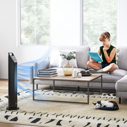 Torņa ventilators, pjedestāla ventilators ar 3 režīmiem, tālvadības pults, 50 W ventilators ar 4 stundu taimeri, 75° svārstības, guļamistabai, melns |
