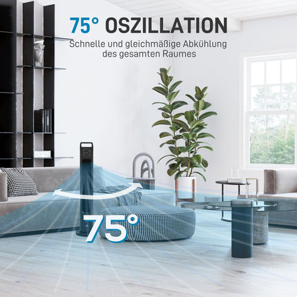 Torņa ventilators, pjedestāla ventilators ar 3 režīmiem, tālvadības pults, 50 W ventilators ar 4 stundu taimeri, 75° svārstības, guļamistabai, melns |
