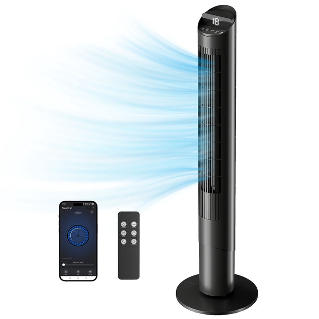 Torņa ventilators ar tālvadības pulti, WiFi lietotni, 6 ātrumi, 65 svārstības