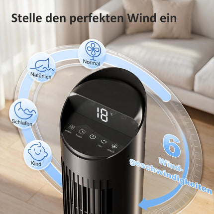 Torņa ventilators ar tālvadības pulti, WiFi lietotni, 6 ātrumi, 65 svārstības
