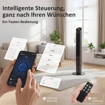 Torņa ventilators ar tālvadības pulti, WiFi lietotni, 6 ātrumi, 65 svārstības