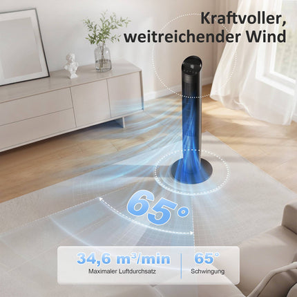 Torņa ventilators ar tālvadības pulti, WiFi lietotni, 6 ātrumi, 65 svārstības