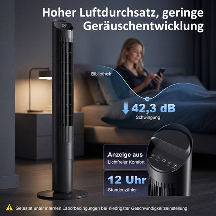 Torņa ventilators ar tālvadības pulti, WiFi lietotni, 6 ātrumi, 65 svārstības