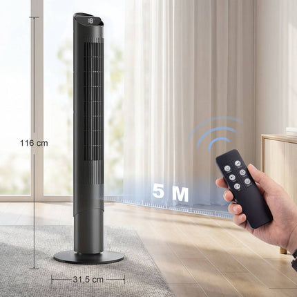 Torņa ventilators ar tālvadības pulti, WiFi lietotni, 6 ātrumi, 65 svārstības