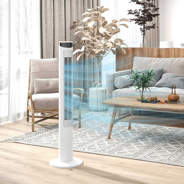 Torņa ventilators, pjedestāla ventilators ar 3 ventilācijas līmeņiem, tālvadības pults, 45 W ventilators ar 12 stundu taimeri, 70° svārstības, guļamistabai, balts