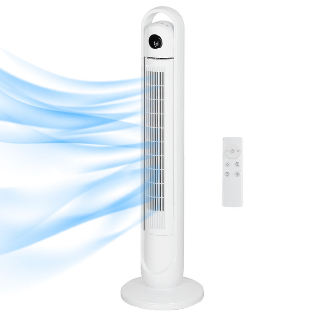 Torņa ventilators, pjedestāla ventilators ar 3 ventilācijas līmeņiem, tālvadības pults, 55 W ventilators ar 24 stundu taimeri, LCD displejs, 70° svārstības, guļamistabai, balts