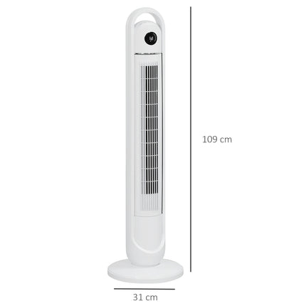 Torņa ventilators, pjedestāla ventilators ar 3 ventilācijas līmeņiem, tālvadības pults, 55 W ventilators ar 24 stundu taimeri, LCD displejs, 70° svārstības, guļamistabai, balts