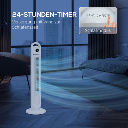Torņa ventilators, pjedestāla ventilators ar 3 ventilācijas līmeņiem, tālvadības pults, 55 W ventilators ar 24 stundu taimeri, LCD displejs, 70° svārstības, guļamistabai, balts