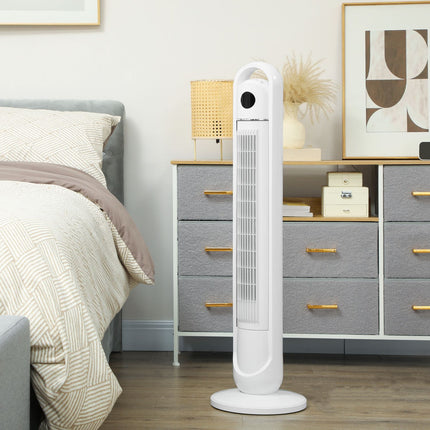 Torņa ventilators, pjedestāla ventilators ar 3 ventilācijas līmeņiem, tālvadības pults, 55 W ventilators ar 24 stundu taimeri, LCD displejs, 70° svārstības, guļamistabai, balts