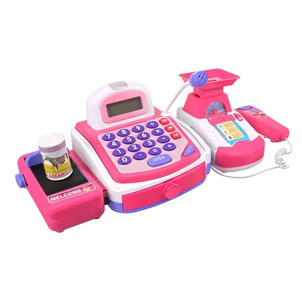 Toy Cash Register for Kids with Scanner and Card Terminal, Built-In Scale, Pink