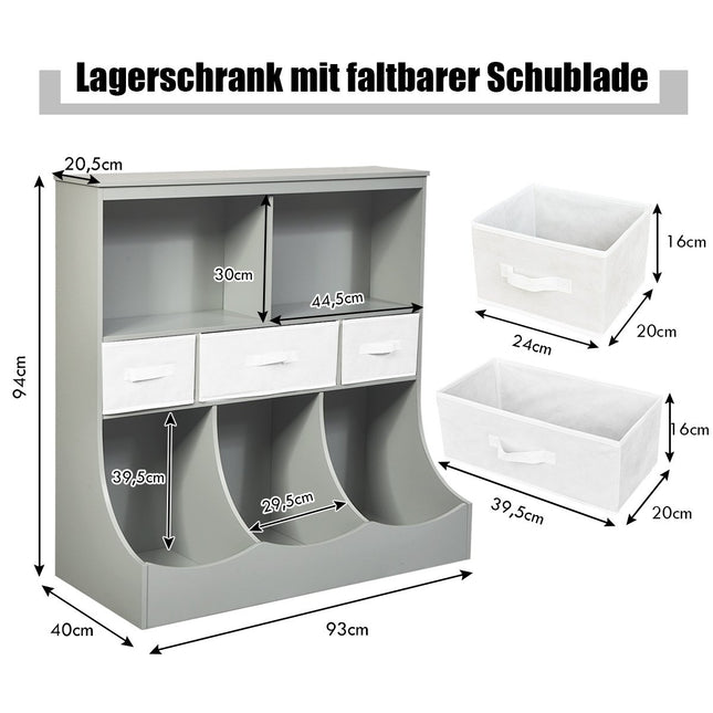 Rotaļlietu plaukts ar 5 nodalījumiem un 3 atvilktnēm, bērnu plauktu rotaļlietu organizators, 93 x 40 x 94 cm, pelēks