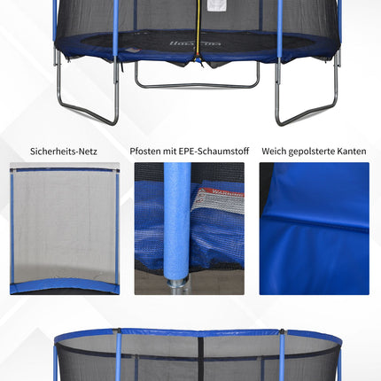 Batuts ar drošības tīklu, dārza batuts lietošanai iekštelpās un ārā, fitnesa batuts, zils + melns, līdz 113,6 kg, Ø305 x 248H cm
