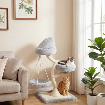 Tree-Shaped Cat Tree 115 cm with 2 Washable Beds and Hammock, Light Grey