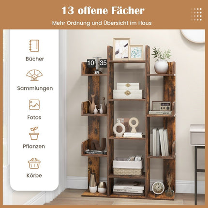 Koka formas grāmatu skapis ar 13 atvērtiem nodalījumiem, uzglabāšanas plaukts, koka plaukts, 86 x 24,5 x 141 cm, brūns
