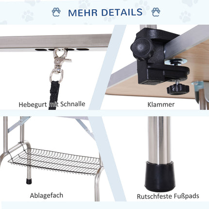 Apgriešanas galds, dzīvnieku kopšanas galds, kopšanas galds ar apakšējo grozu suņiem, regulējams augstums, salokāms, nerūsējošais tērauds, metāls, melns, 107 x 60 x 170 cm