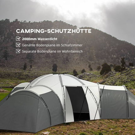6-9 person tunnel camping tent, 3 bedrooms, grey