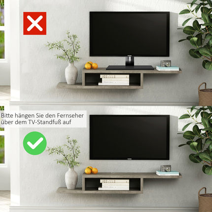 TV zemā skapīša piekaramais dēlis, piekarināms multimediju sienas plaukts, TV plaukts, multimediju konsole, skaidu plāksne, cementa pelēks