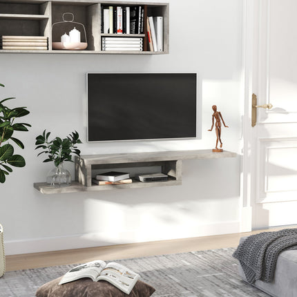 TV zemā skapīša piekaramais dēlis, piekarināms multimediju sienas plaukts, TV plaukts, multimediju konsole, skaidu plāksne, cementa pelēks