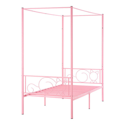 Twin Canopy Bed Frame, Metal Four-Poster, Pink