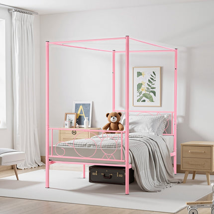 Twin Canopy Bed Frame, Metal Four-Poster, Pink