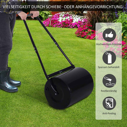 Zāliena veltnis ar U veida rokturi, dārza veltnis, 40 cm diametrs, 60 l, ūdens/smilšu pildījums, metāls, melns, 57 x 40 x 123 cm