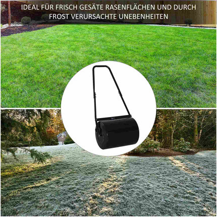 Zāliena veltnis ar U veida rokturi, dārza veltnis, 40 cm diametrs, 60 l, ūdens/smilšu pildījums, metāls, melns, 57 x 40 x 123 cm