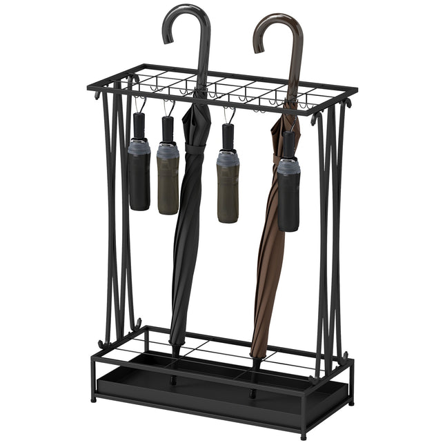Steel umbrella stand with 24 hooks & water tray, black