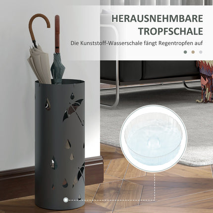 Lietussargu statīvs Lietussargu statīvs ar 4 āķiem un noņemamu pilienu paplāti Lietussarga turētājs spieķiem un lietussargiem Tērauds Ø17 x 41 cm Tumši pelēks