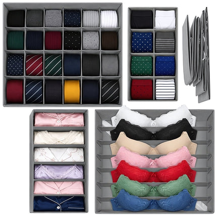 Underwear Drawer Organiser Set of 4, 45 Compartments, Foldable, Grey