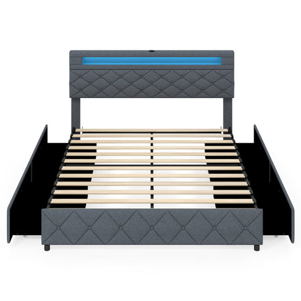 Polsterēts gultas rāmis 160x200 cm ar LED, USB, atvilktnēm