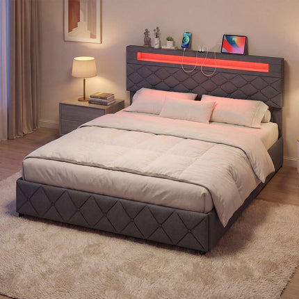 Polsterēts gultas rāmis 160x200 cm ar LED, USB, atvilktnēm