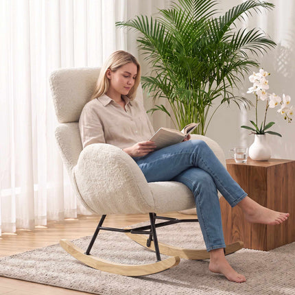 Upholstered Rocking Chair with Adjustable Headrest, Cream White, Rubberwood Legs