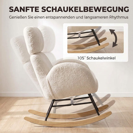Upholstered Rocking Chair with Adjustable Headrest, Cream White, Rubberwood Legs