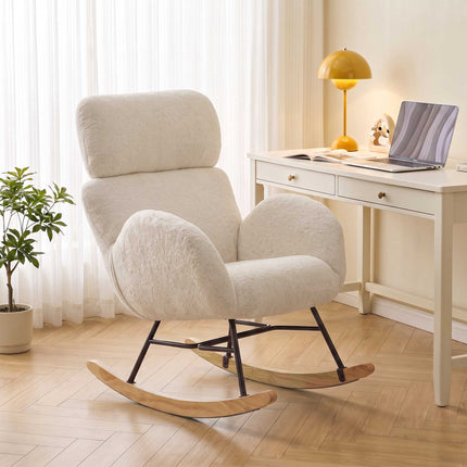 Upholstered Rocking Chair with Adjustable Headrest, Cream White, Rubberwood Legs