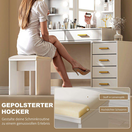 Tualetes galdiņš ar LED spoguli un polsterētu tabureti, balts