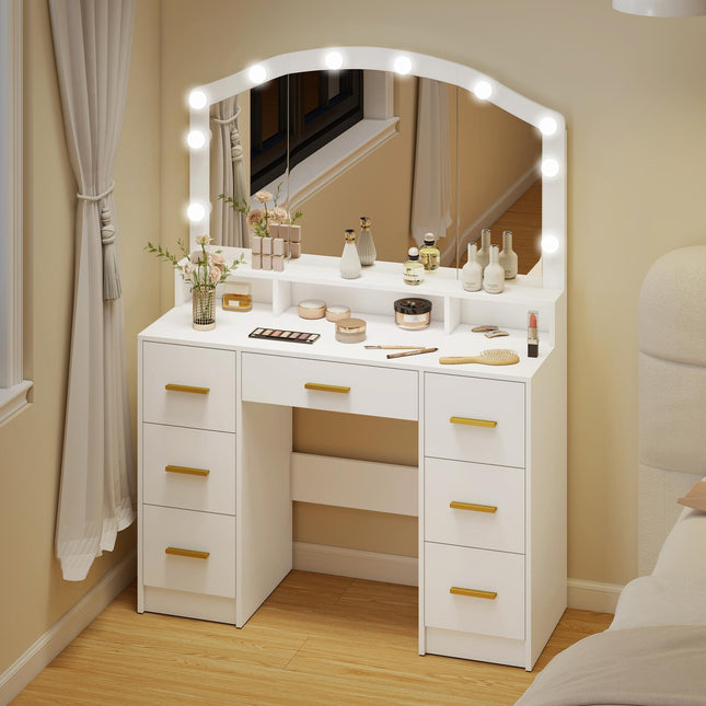 Tualetes galdiņš ar spoguli, 10 LED gaismiņas, 7 atvilktnes, balts MDF