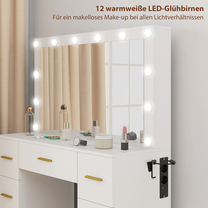 Tualetes galdiņš ar spoguli, 12 LED gaismiņas, 7 atvilktnes, balts