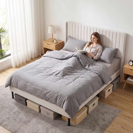 Velvet Bed Frame 140 x 200 cm with Adjustable Headboard, Beige, 12 Plywood Slats