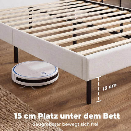 Velvet Bed Frame 140 x 200 cm with Adjustable Headboard, Beige, 12 Plywood Slats